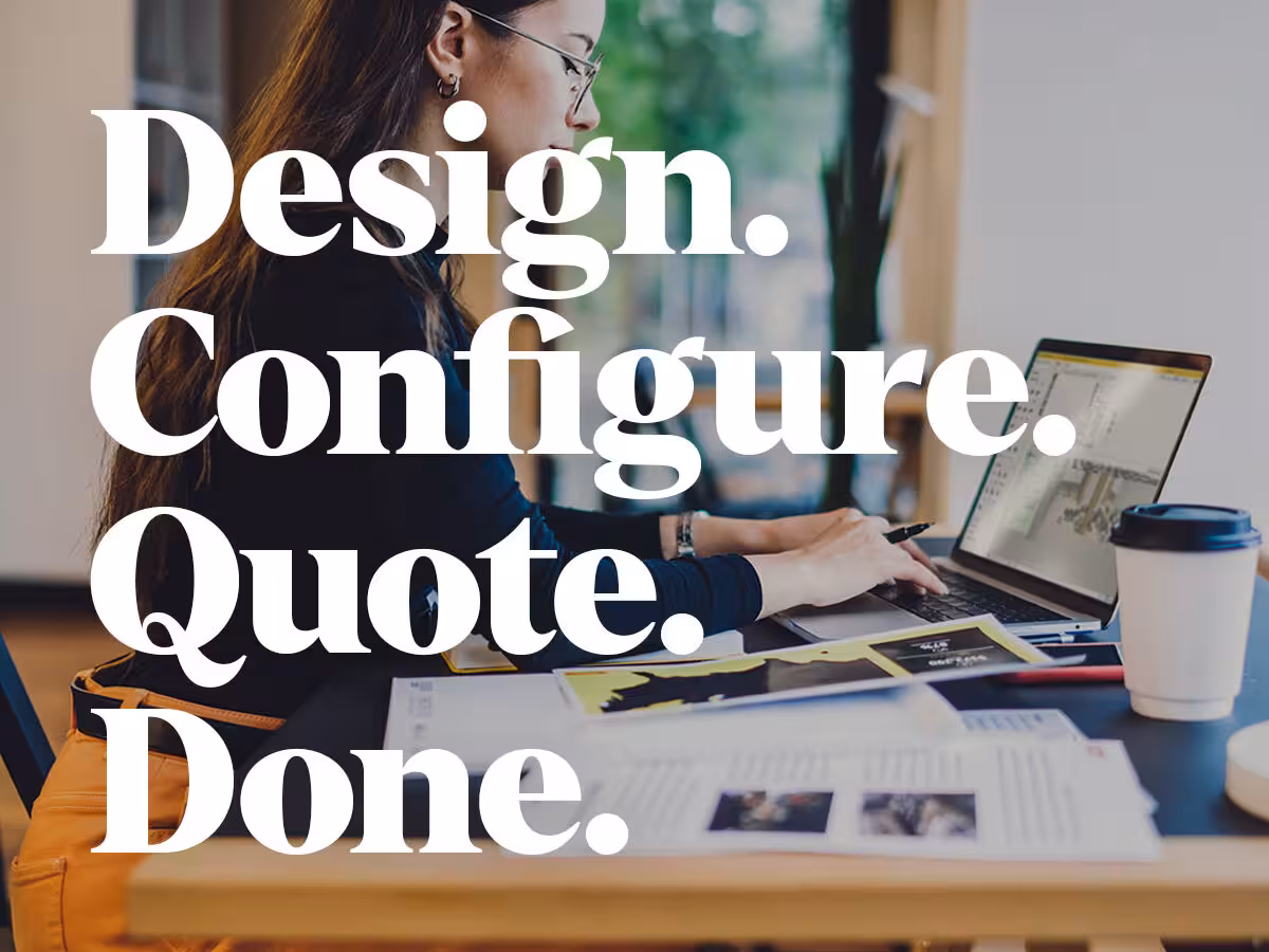 a designer working on a healthcare project using the Kwalu CET catalog with a text overlay that says Design. Configure. Quote. Done.