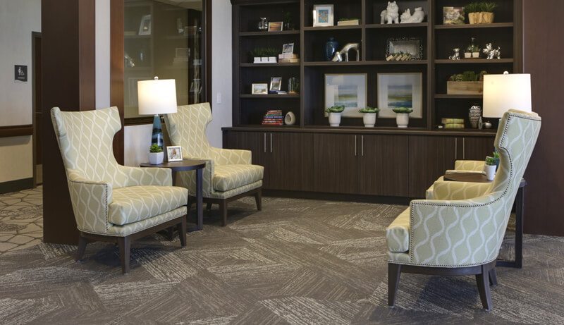 seating area in front of bookcases