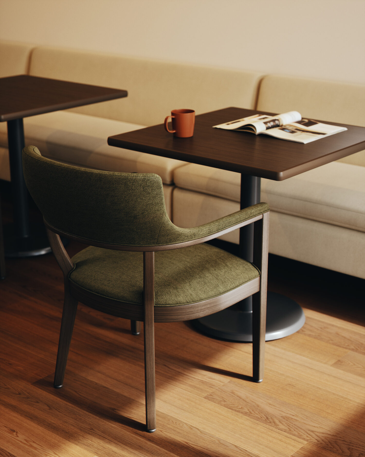 pamplona chair with green fabric in cafe setting